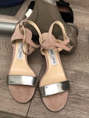 Jimmy Choo Pink Suede Sandals with Silver Metallic Toe Strap